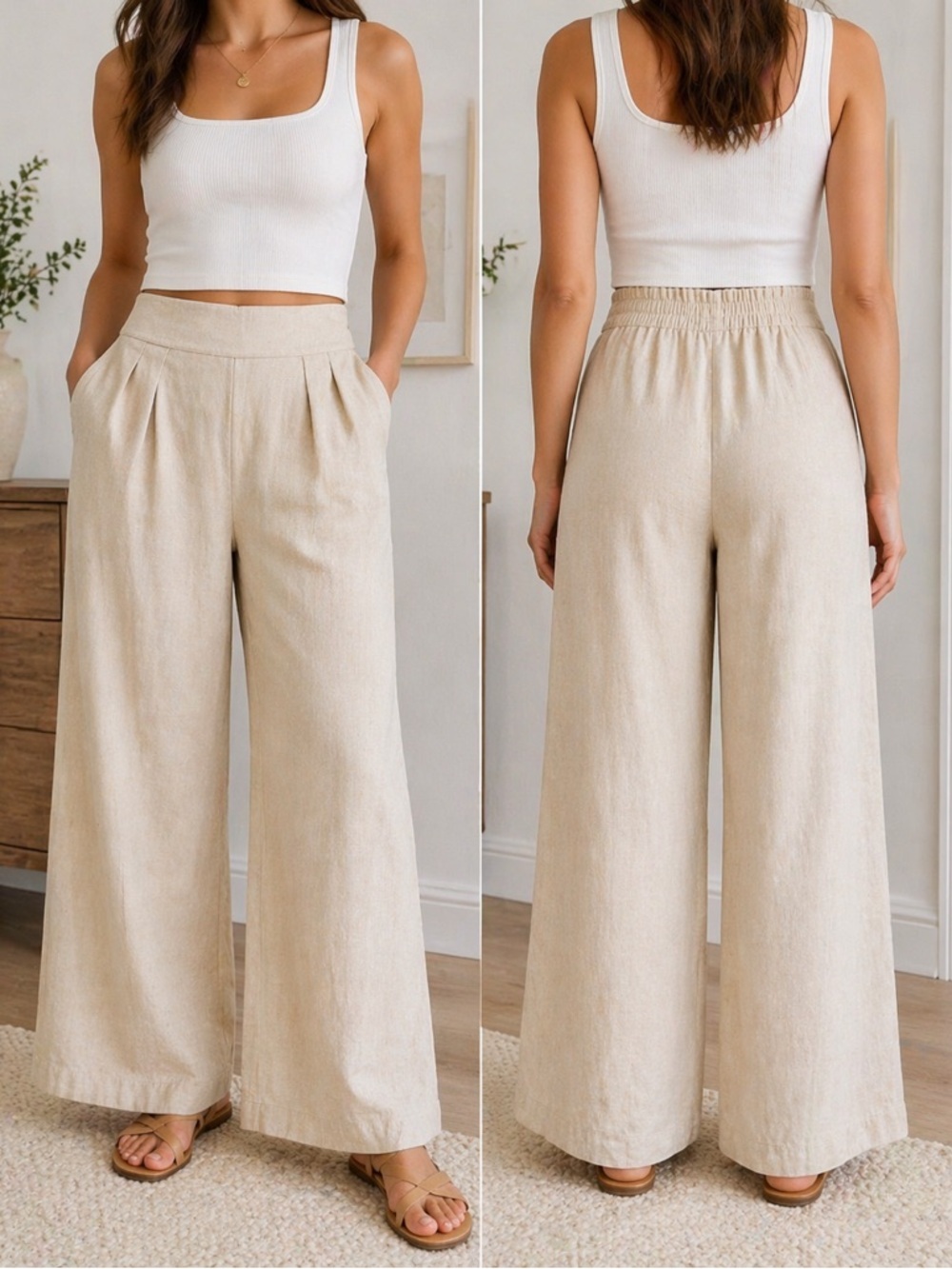 Abercrombie Linen Wide Leg Pants XS Beige High Rise Elastic Waist Minimalist